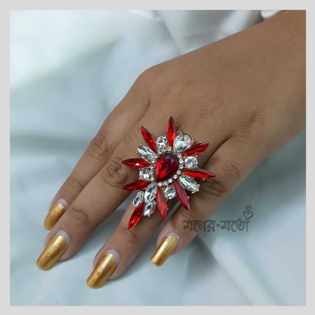 Grand Red Stone Impon Finger Ring Gold Plated Jewelry FR1343